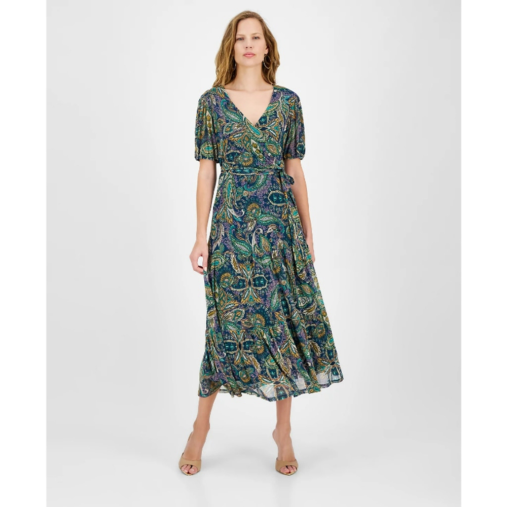 Harlow & Rose Women's Small Petite Paisley Bohemian Faux-Wrap Midi Dress NWT